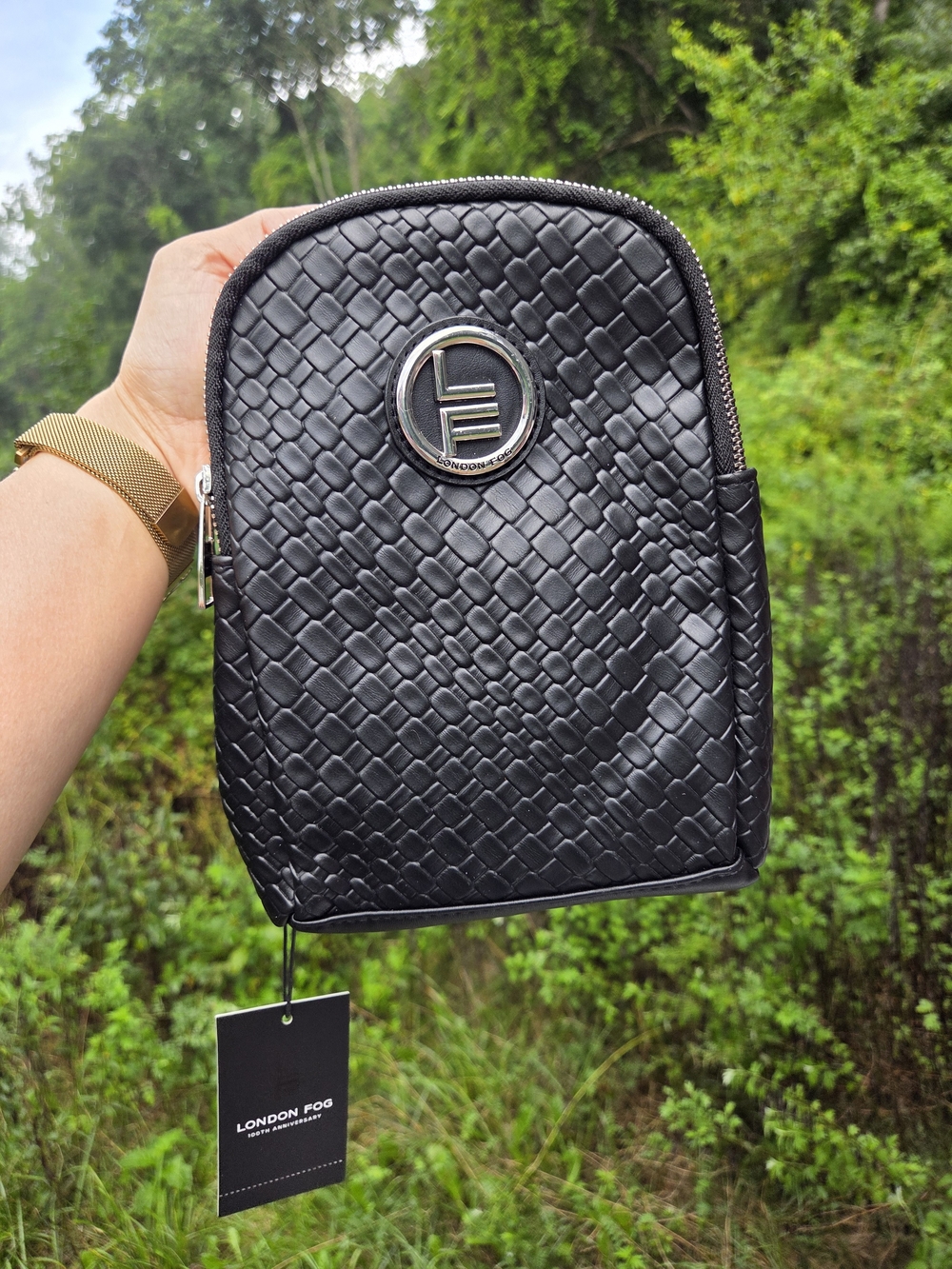 London Fog Broadway Double Compartment Woven Sling Bag